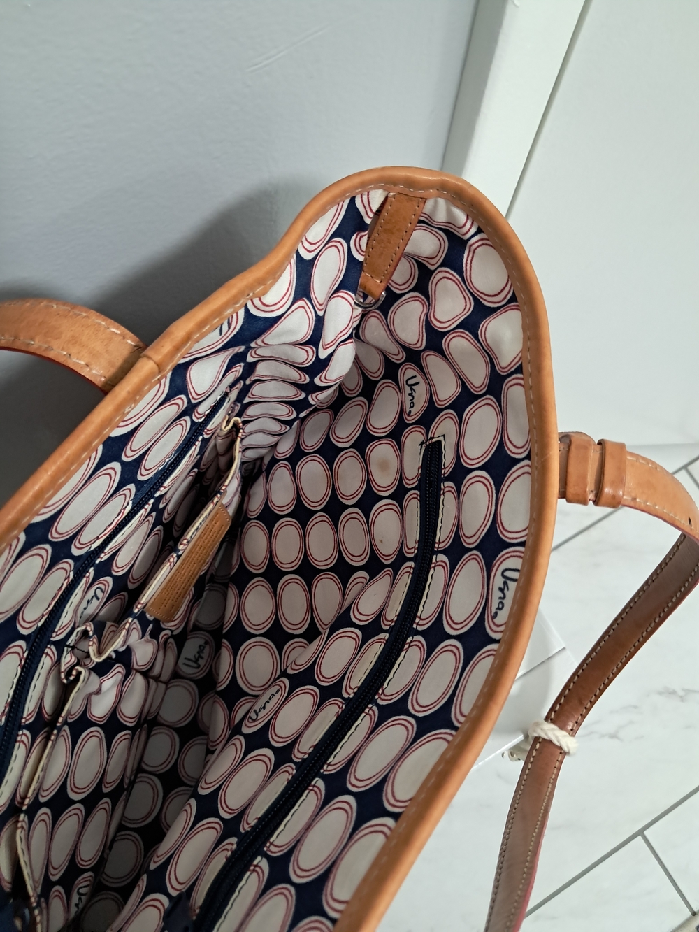 Rare Classic Brighton Vera Neumann Nautical Navy Tote w/ Red & White Fish EUC - Picture 7 of 15